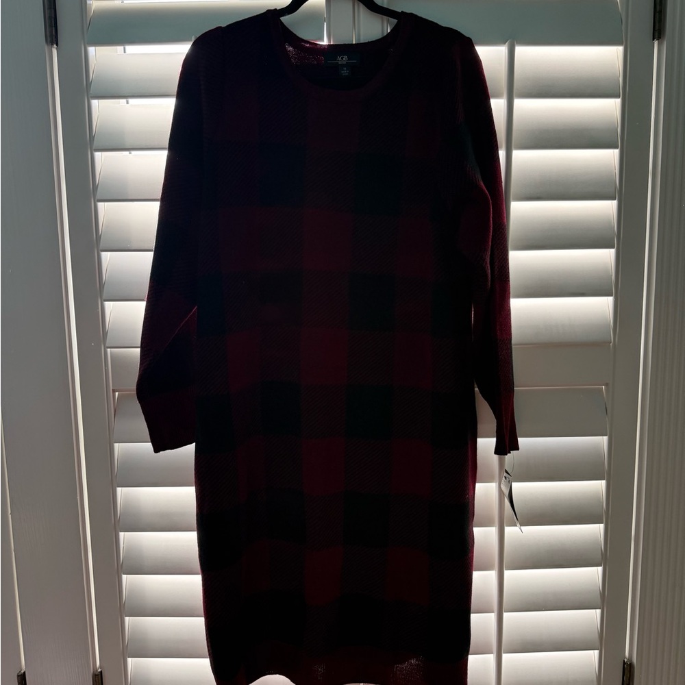 Plaid Black and Red Knit Knee Length Midi Dress